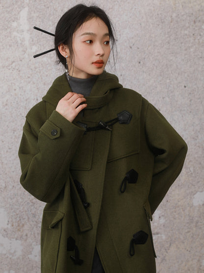 College Style Horn Button Hooded Coat