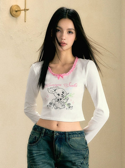 Rabbit Printed Lace Stitch Long-sleeved T-shirt