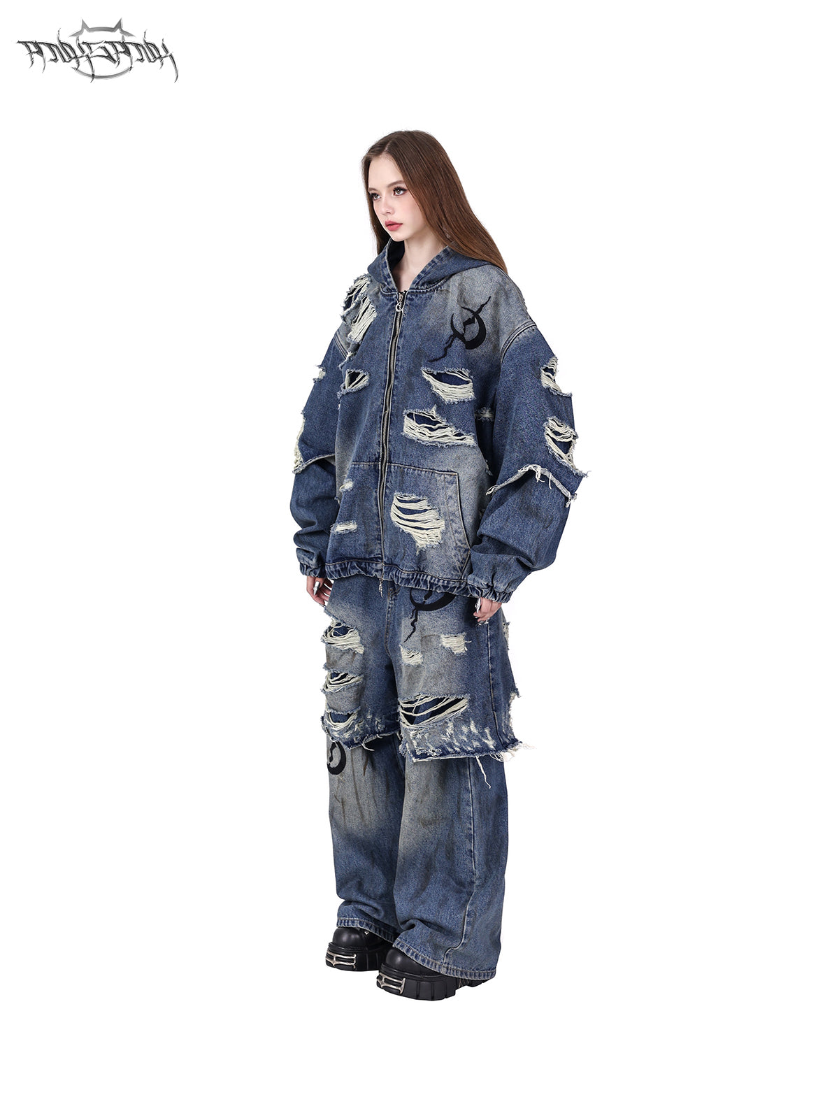 Holes Loose Genderless Hooded Denim Jacket