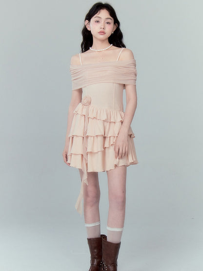 Strap Off-shoulder Ruffle Stitching Dress