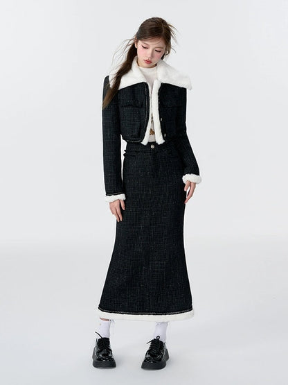 Contrast Color Fur Collar Tweed Padded Jacket &amp; Skirt