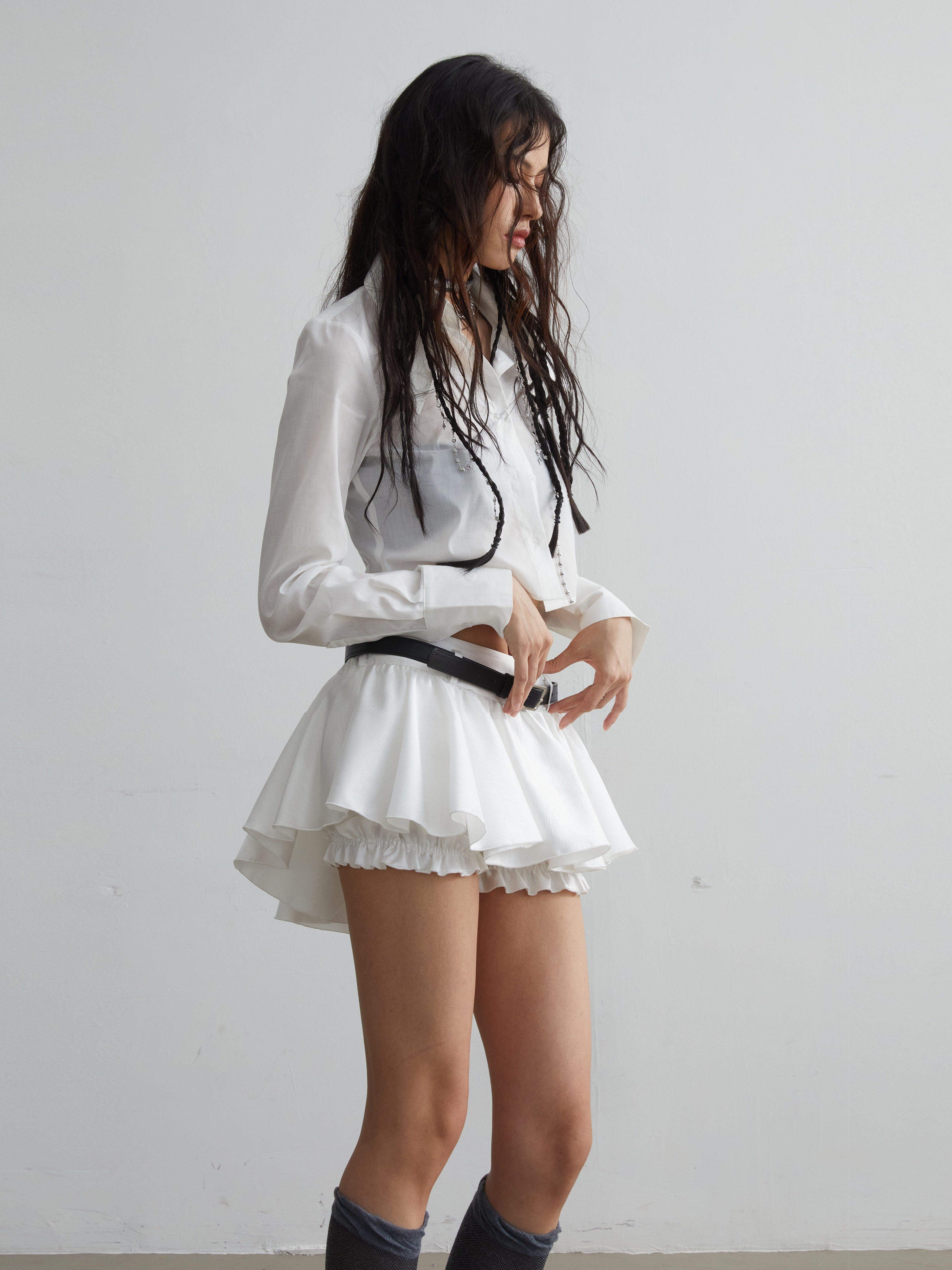 Belt Decoration Ruffled Mini Skirt