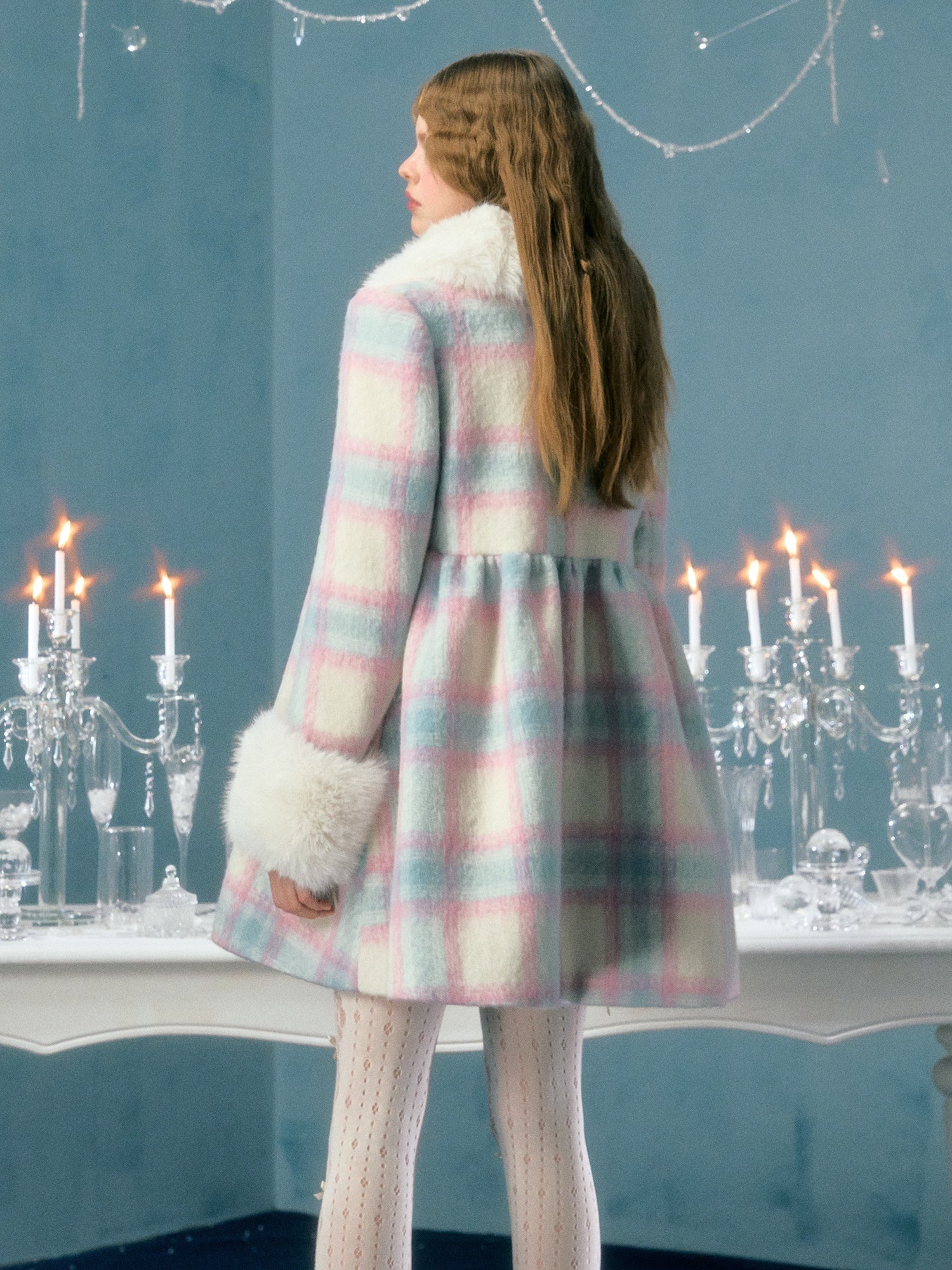 Plaid Fur Collar Detachable Mid-length Coat