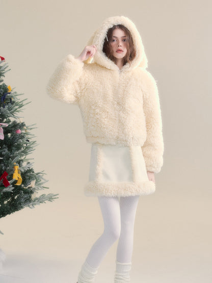 Fluffy Friendly Fur Short Hooded Jacket ＆ Skirt