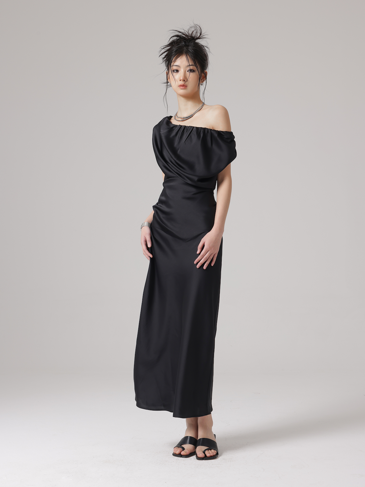 Pleated Stack Collar Waist Shape Long Dress