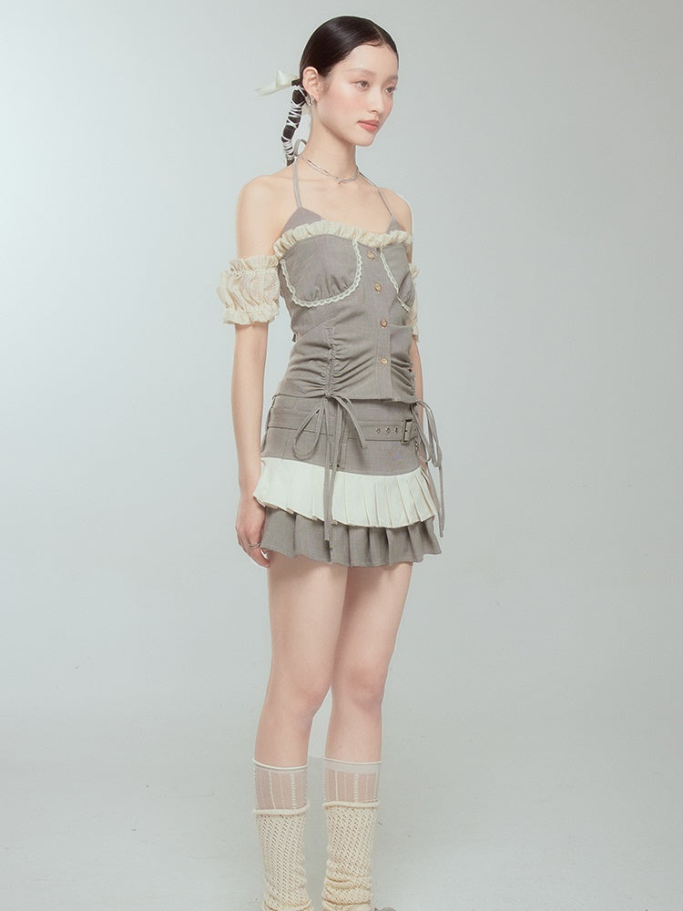 Halter Neck Suspender Top &amp; Short Pleated Cake Skirt