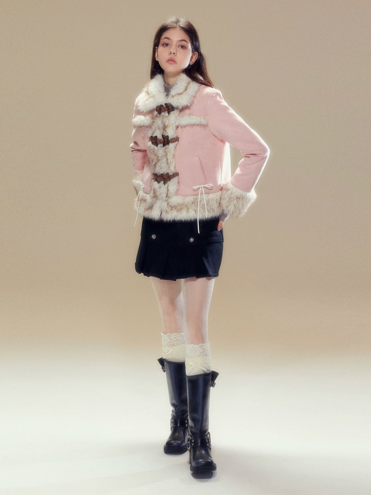 Suede Touch Butterfly Buckle Fur Plush Jacket &amp; Pleated Skirt