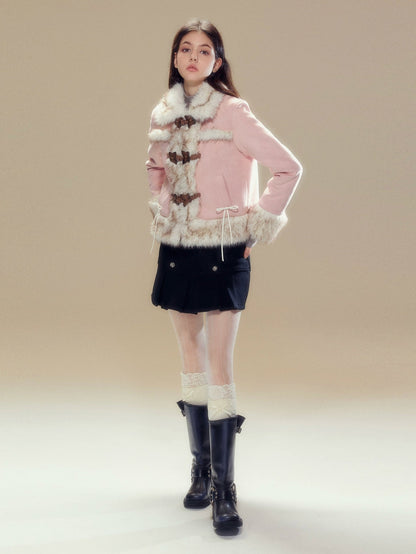 Suede Touch Butterfly Buckle Fur Plush Jacket &amp; Pleated Skirt