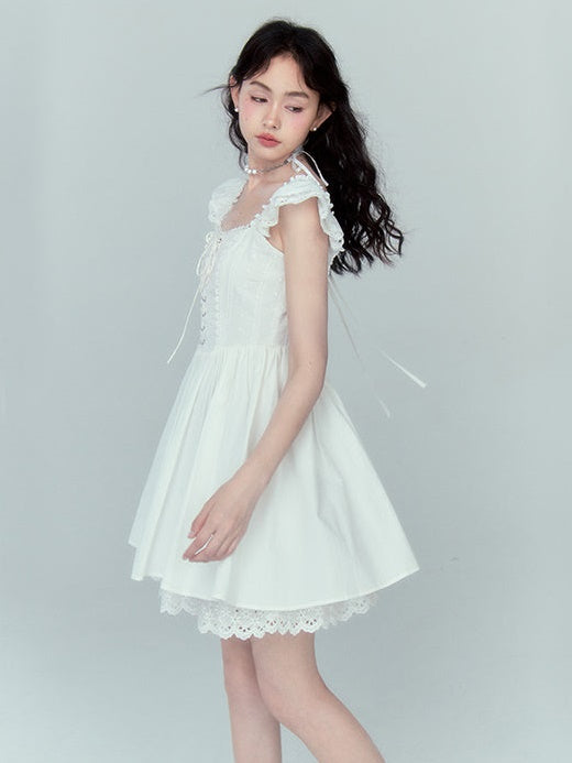 Stitching Lace Jacquard Flying Sleeve Dress