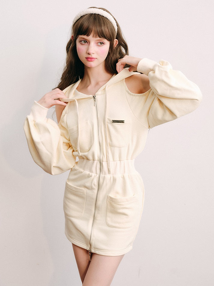 Hooded Cut Shoulder Sweatshirt One-piece