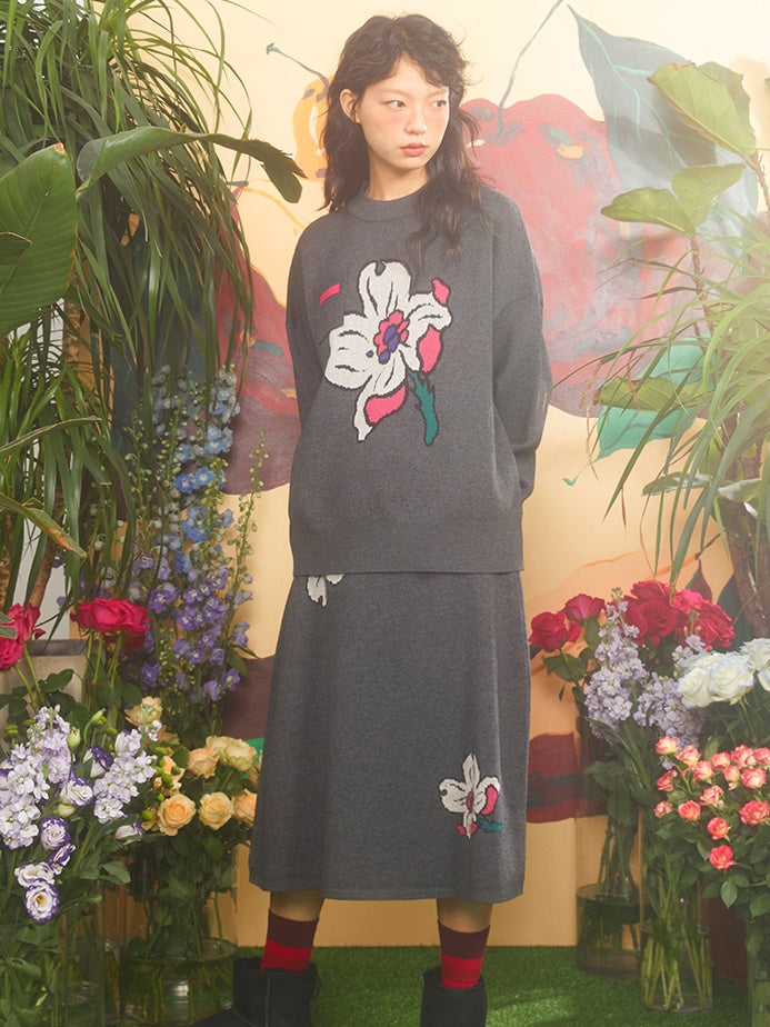 Retro Cherry Blossom Jacquard Sweater &amp; Knitted Skirt