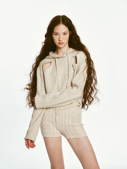 Sporty Cut-out Design Knitted Hoodie &amp; Short Pants