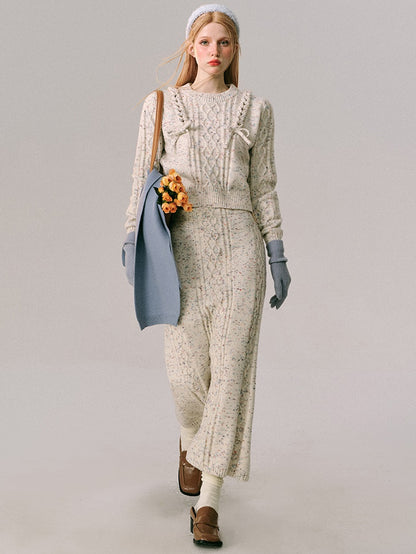 Braid Color Dot Knitted Sweater &amp; Long Skirt