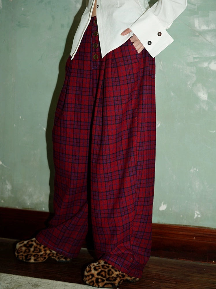 Retro Plaid Loose Wide Leg Pants