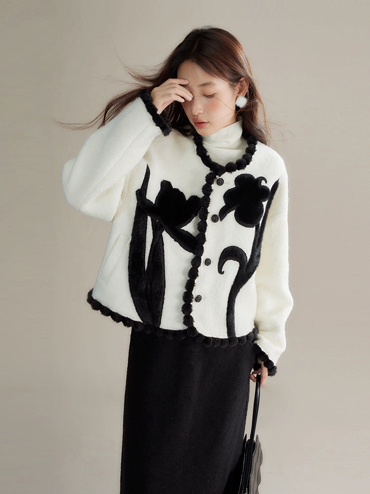 Tulip Embroidered Fur Ball Lace Short Coat