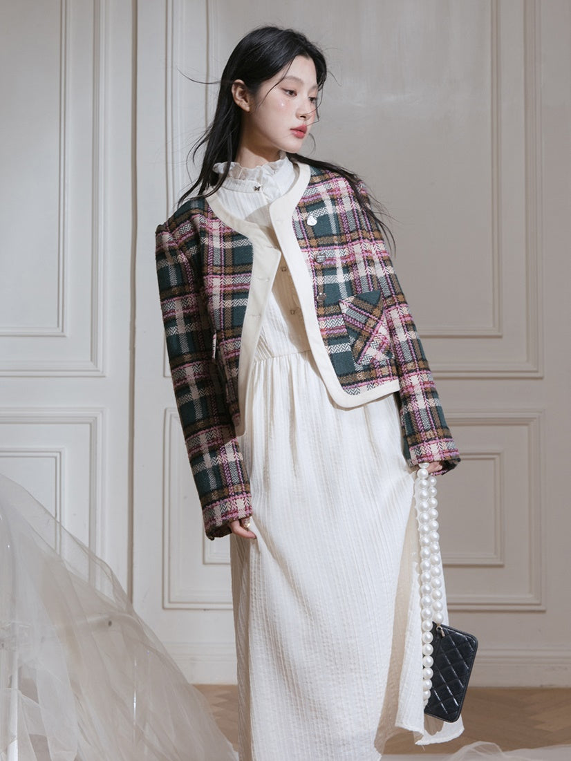 Contrasting Plaid Tweed Short Jacket