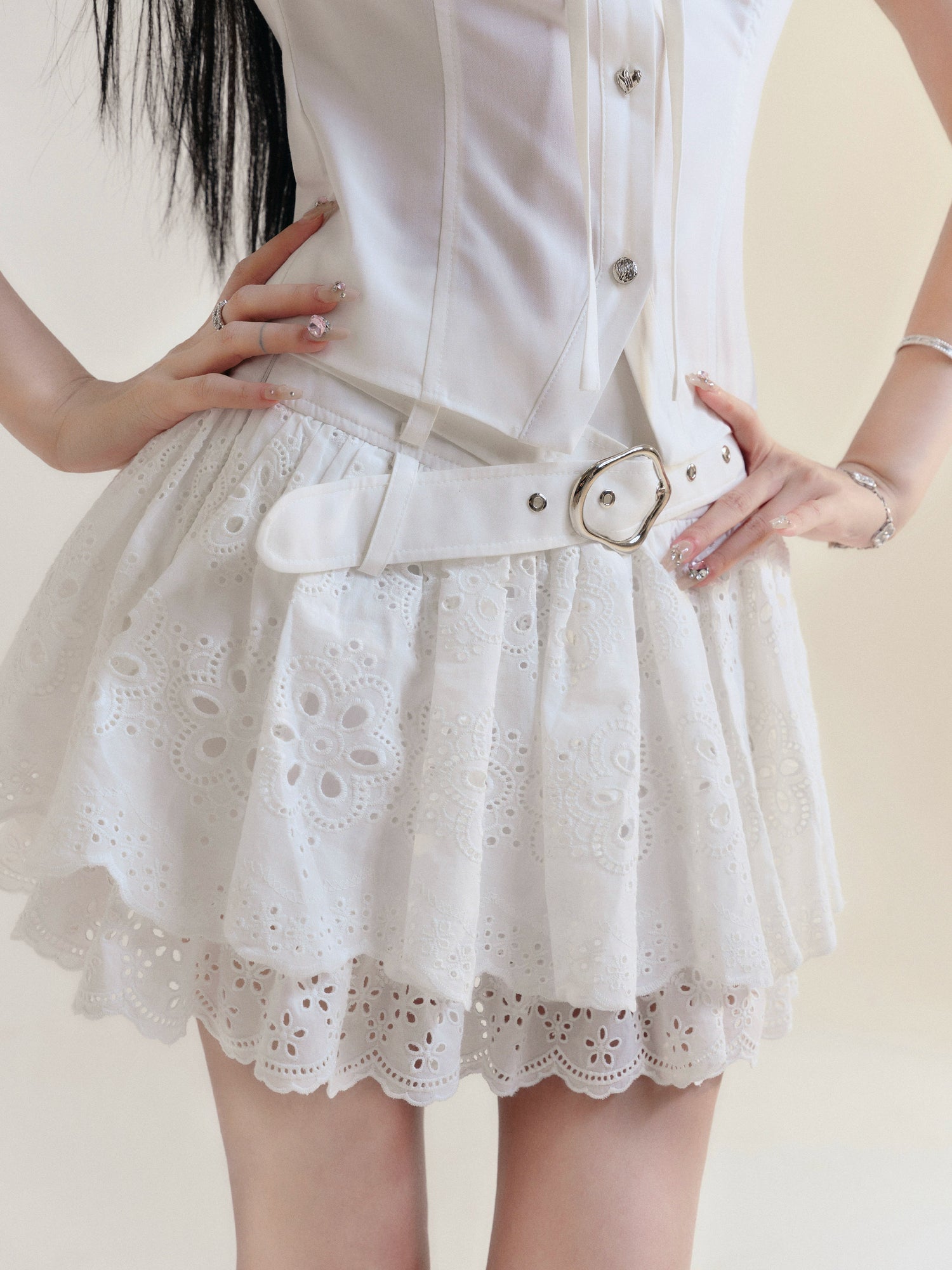 Girl Style Embroidered Puff Sleeve Shirt &amp; Lace Cake Gather Skirt