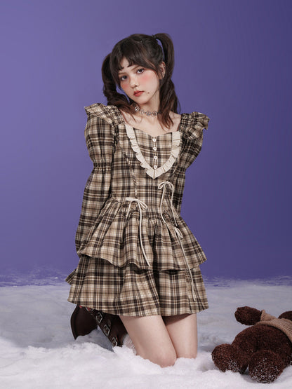 Plaid Bow Small Flying Sleeve Dress