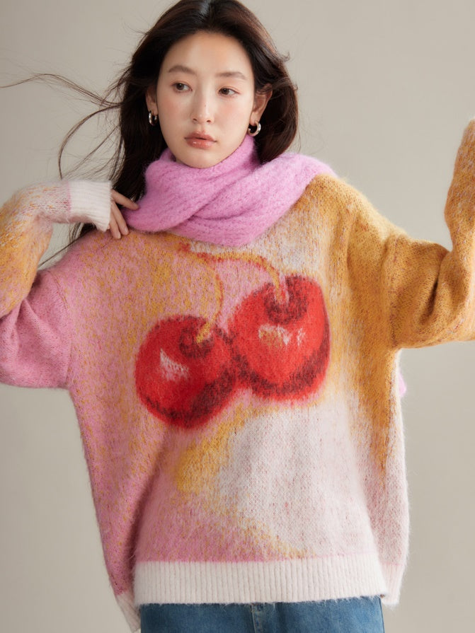 Cherry Gradient Jacquard Loose Pullover Sweater