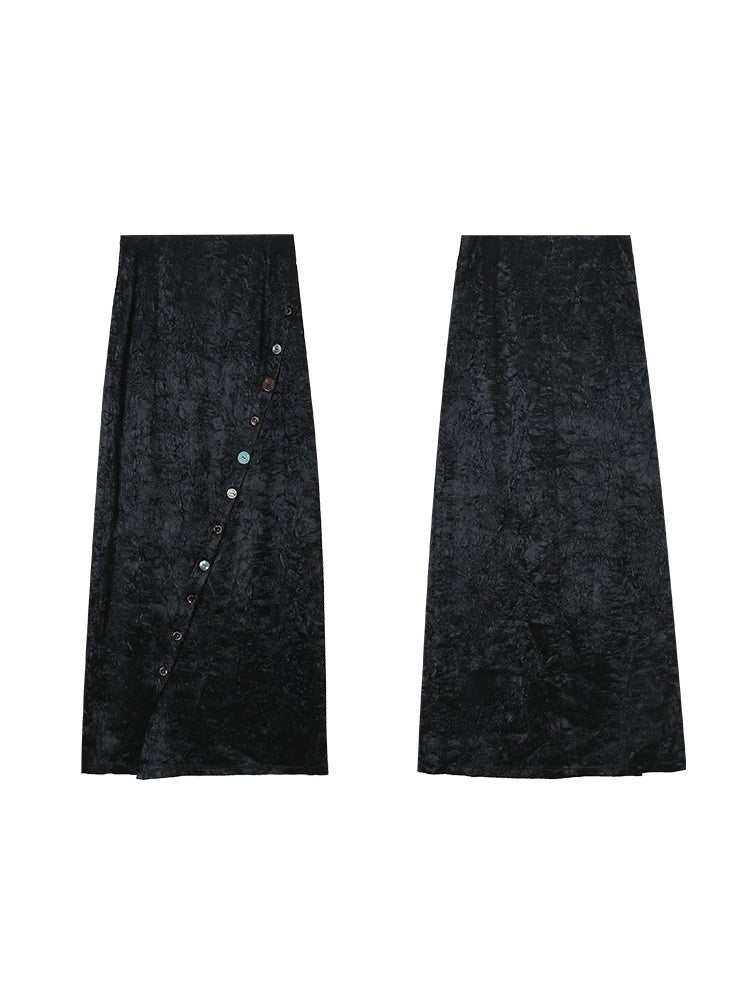 Diagonal Button Crinkled Long Skirt