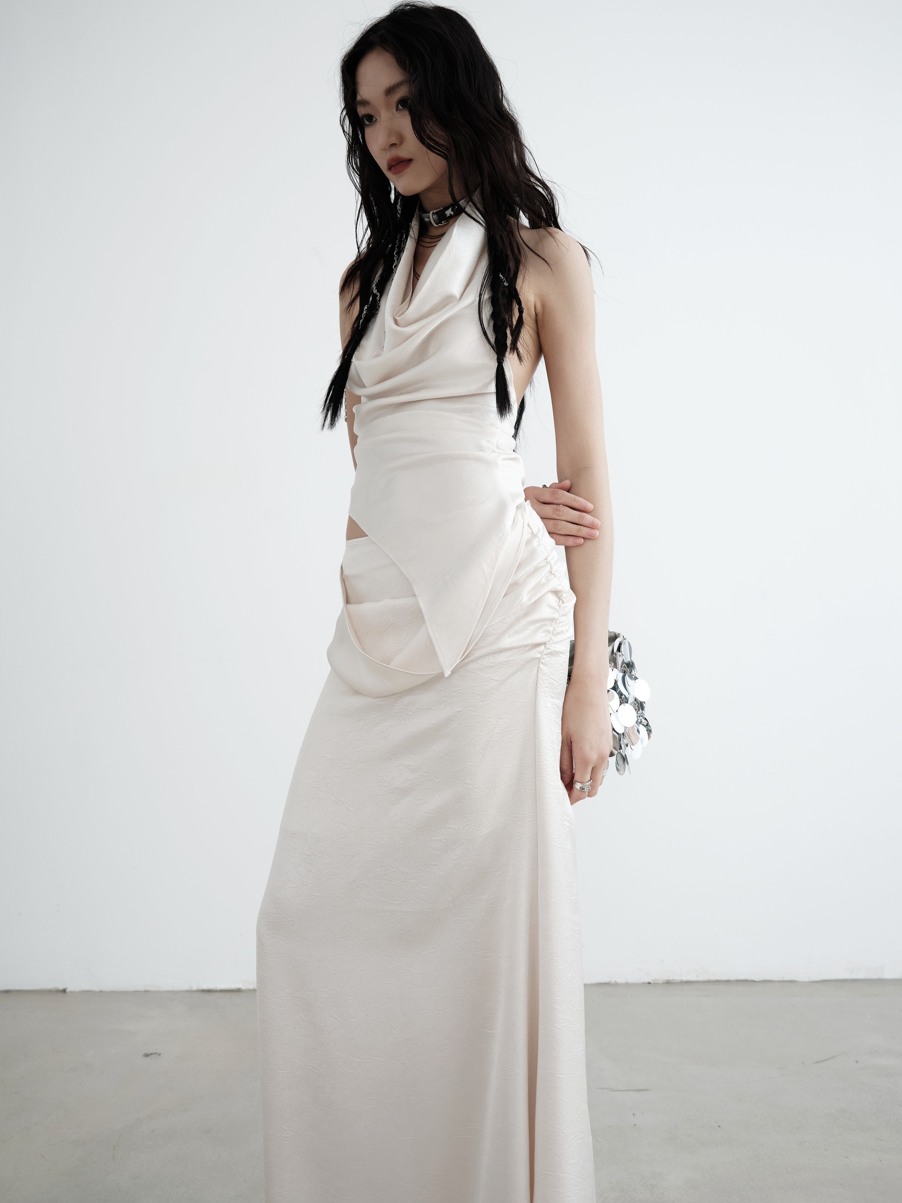 Draped Halter-neck Sleeveless Top &amp; Maxi Skirt Set-up