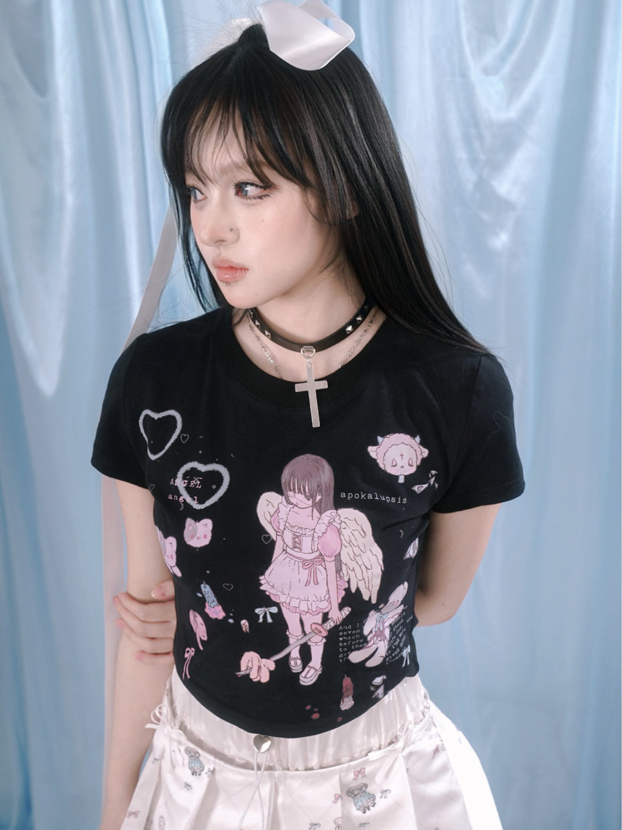 Angel Print Short-Sleeed Tight Tight T-Shirt