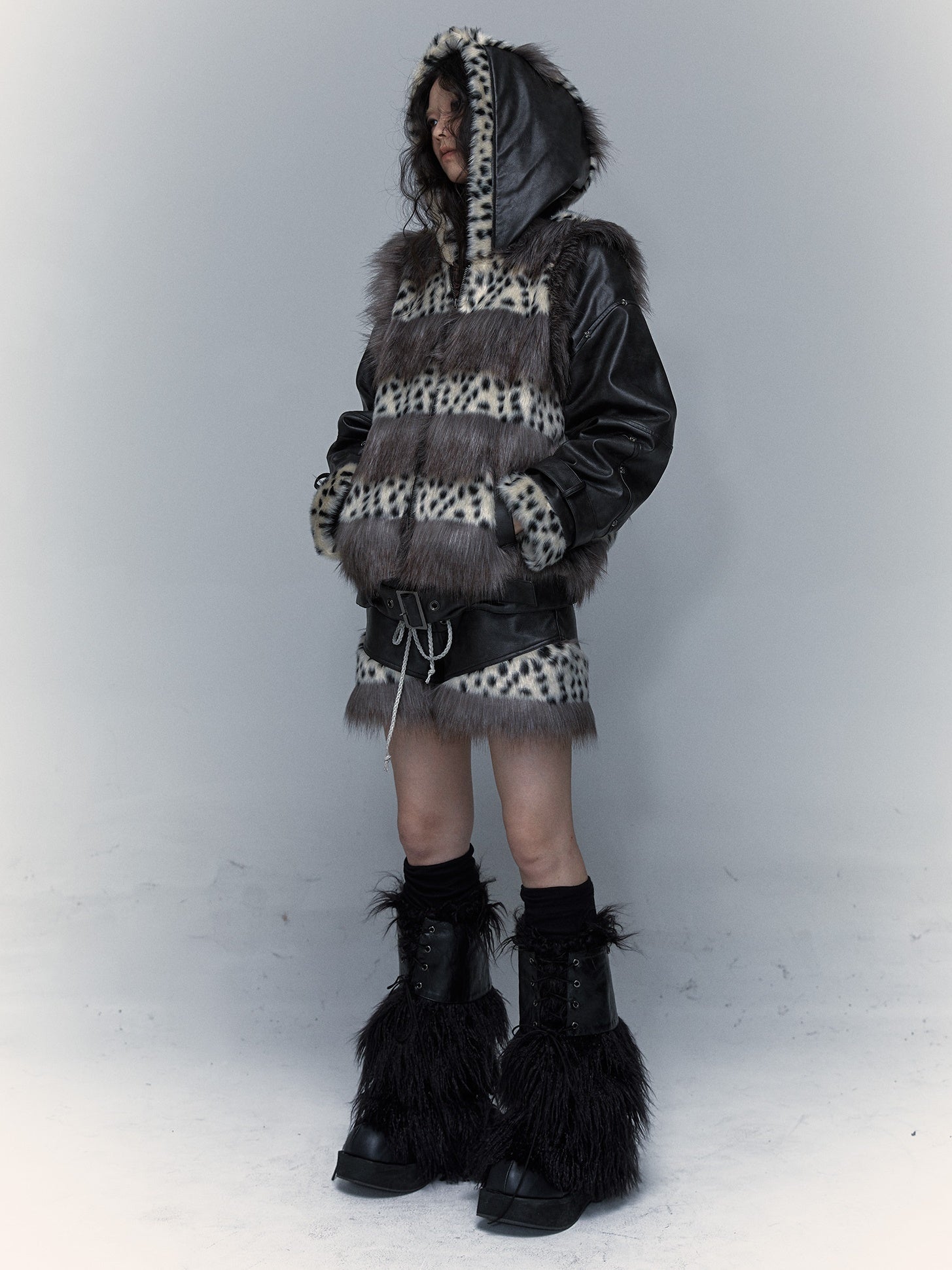 Removable Sleeve Hooded Leopard Print Eco-friendly Fur Jacket