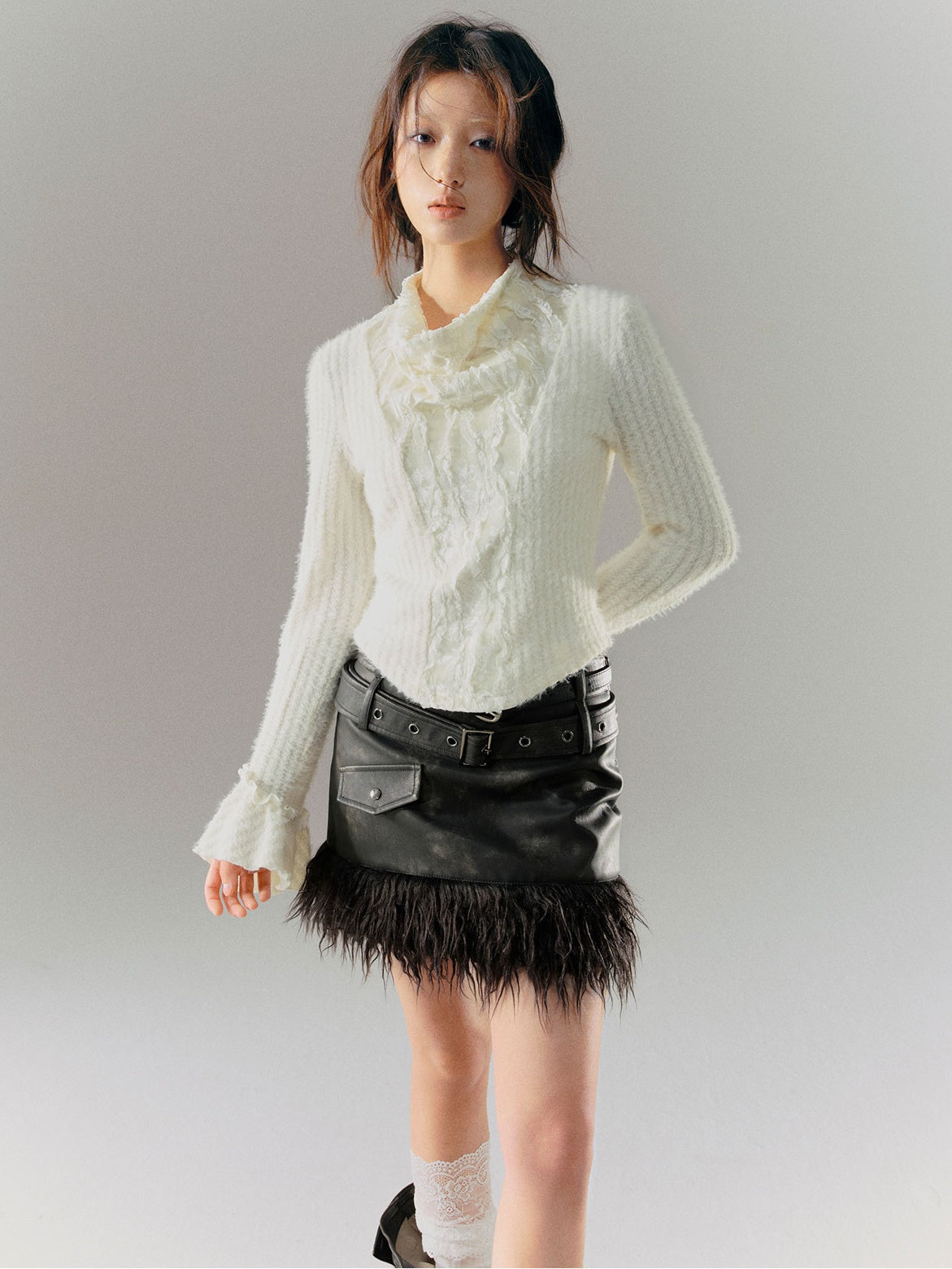 Retro Stitching Fur Double Belt Tie-dye Leather Skirt