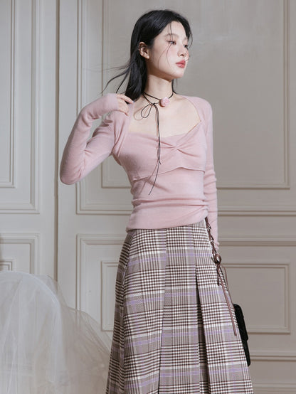 Navy Collar Plaid Short Jacket ＆ A-Line Pleated Skirt