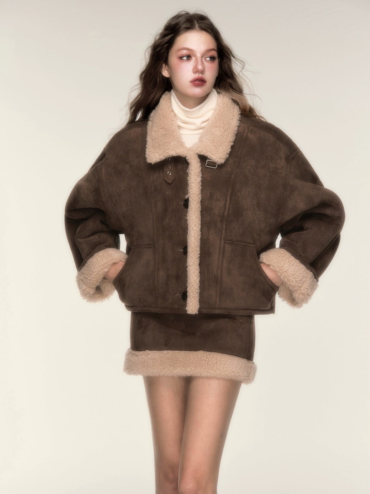 Motorcycle Style Fur Stitch Short Coat ＆ Mini Skirt