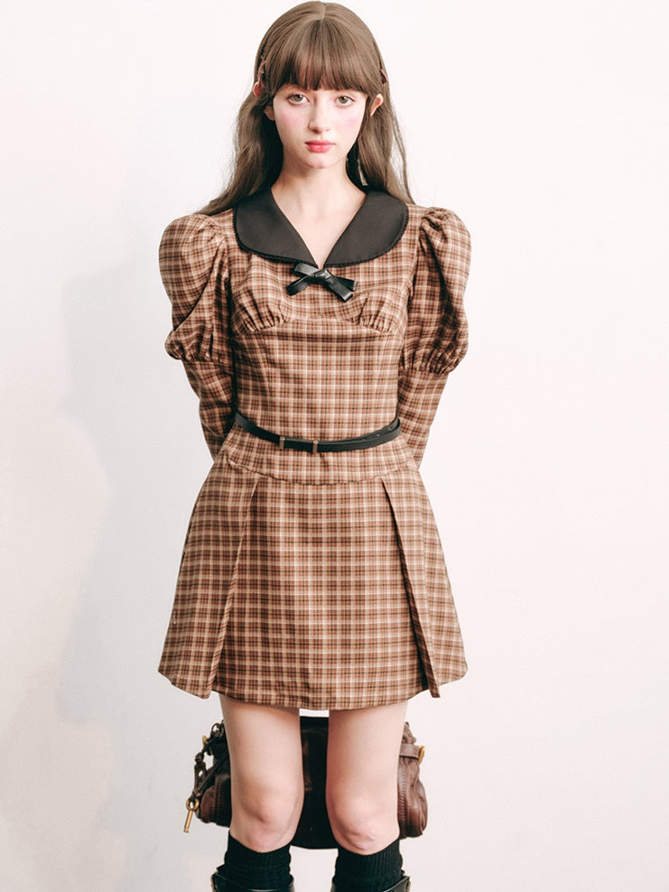 Plaid Retro Bubble Sleeve Kleid