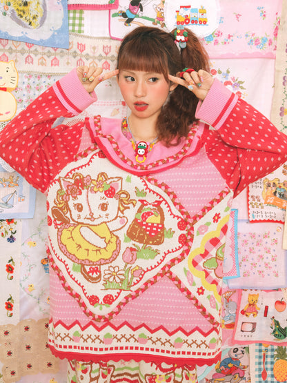 Large Lapel Cat Strawberry Jacquard Pullover Sweater