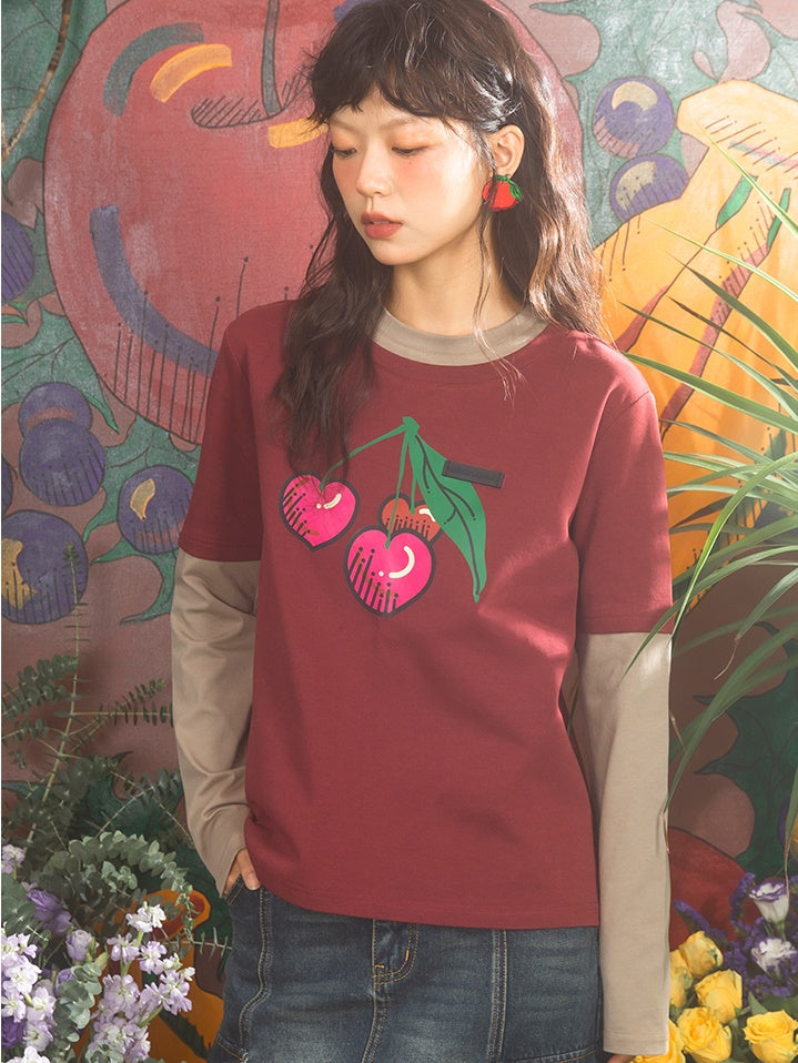 Cherry Print Fake Layered Long-sleeved T-shirts – ARCANA ARCHIVE