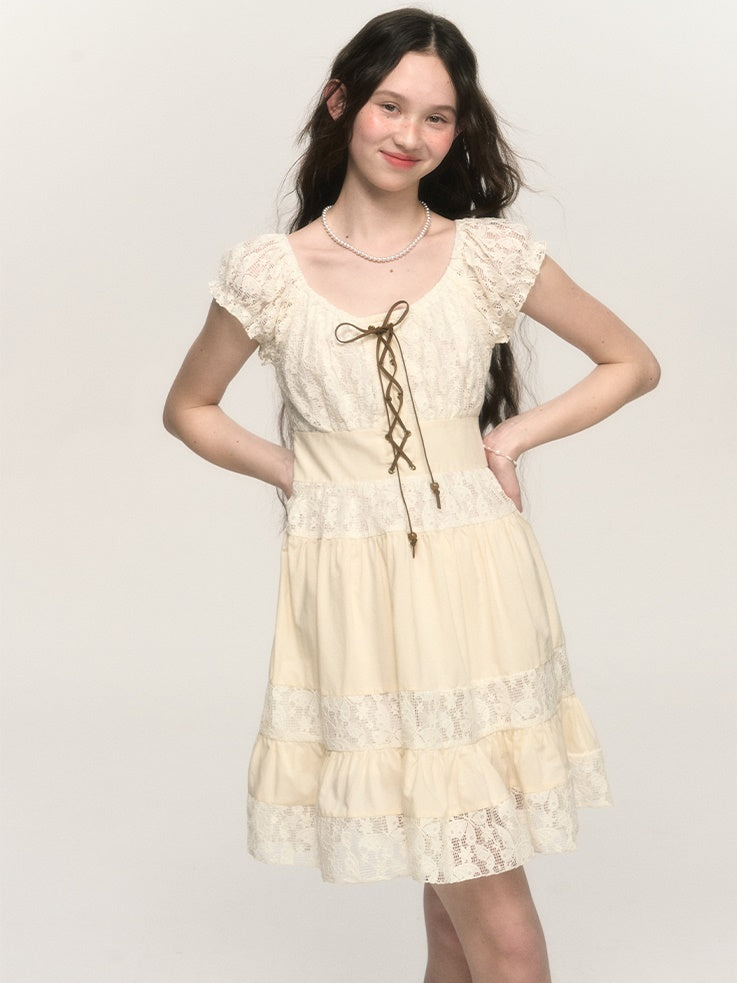 Retro Lace-up A-line Lace Tiered Puff Sleeve One-piece