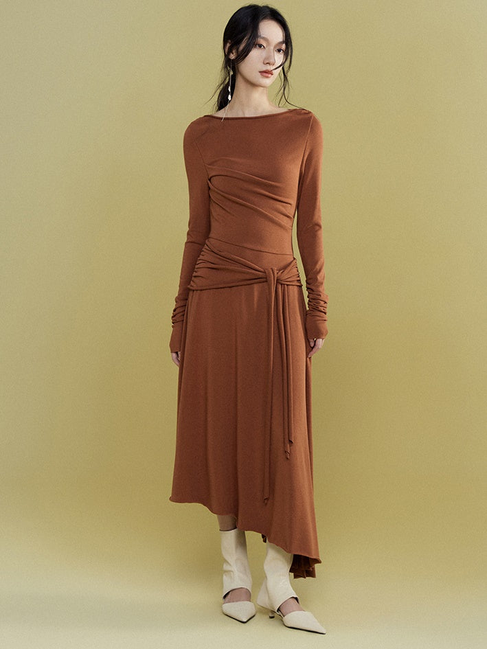 Loose Pleated Waist Ribbon Knit Dress