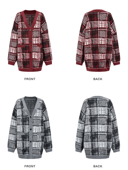 Plaid Over-Size V-neck Cardigan