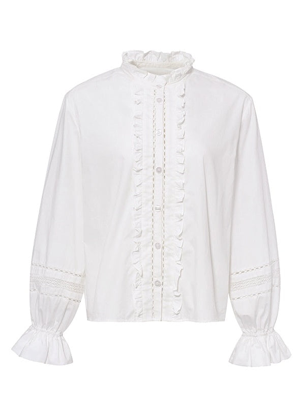 Lace Hollow Stand Collar Lantern Sleeve Shirt