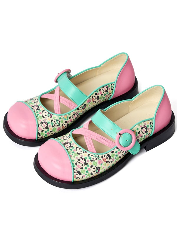 Contrast Panda Printed Leather Strap Shoes