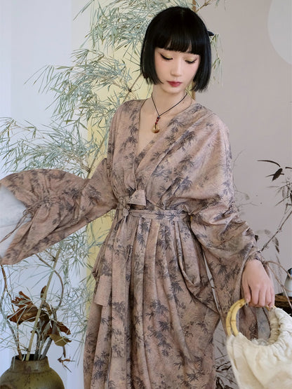 Chinese Style V-Neck Wide Gather Sleeve Dress