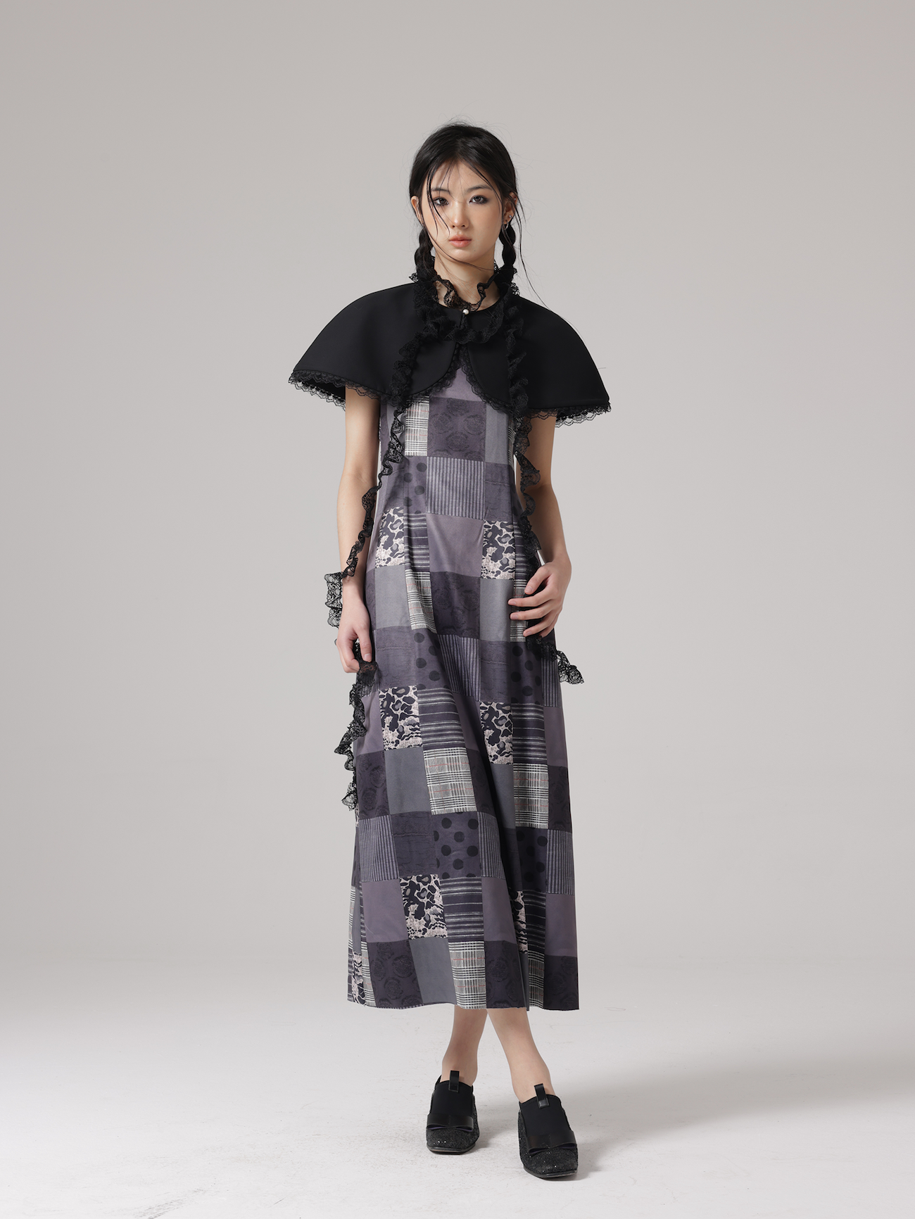 Patchwork Mosaic Printing Dress &amp; Lace Scarf &amp; Cloak 3piece Set