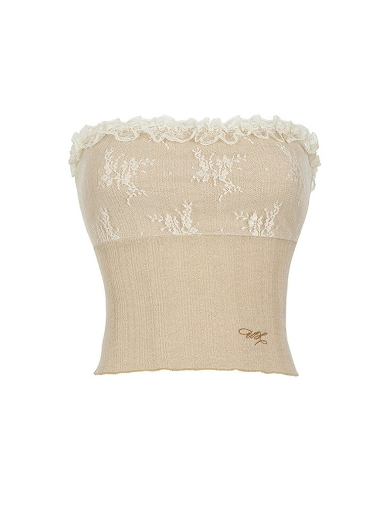 Lace Stretch Knit Feminine Frill Tube-Top