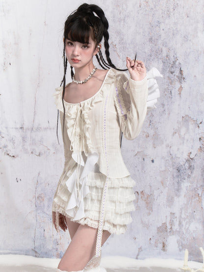 Ruffle Lace Strap Short Cardigan