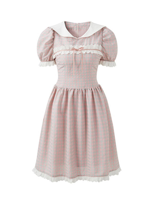 Plaid Doll Collar Lace Stitch One-piece