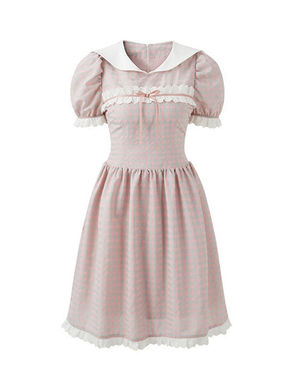 Plaid Doll Collar Lace Stitch One-piece