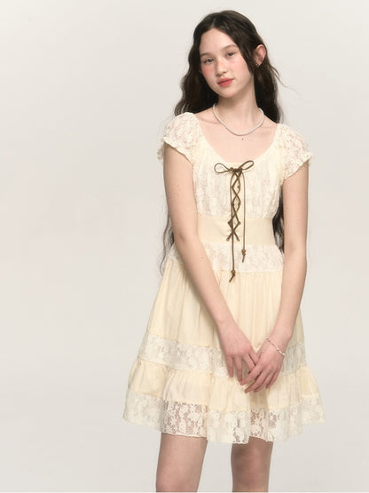 Retro Lace-up A-line Lace Tiered Puff Sleeve One-piece