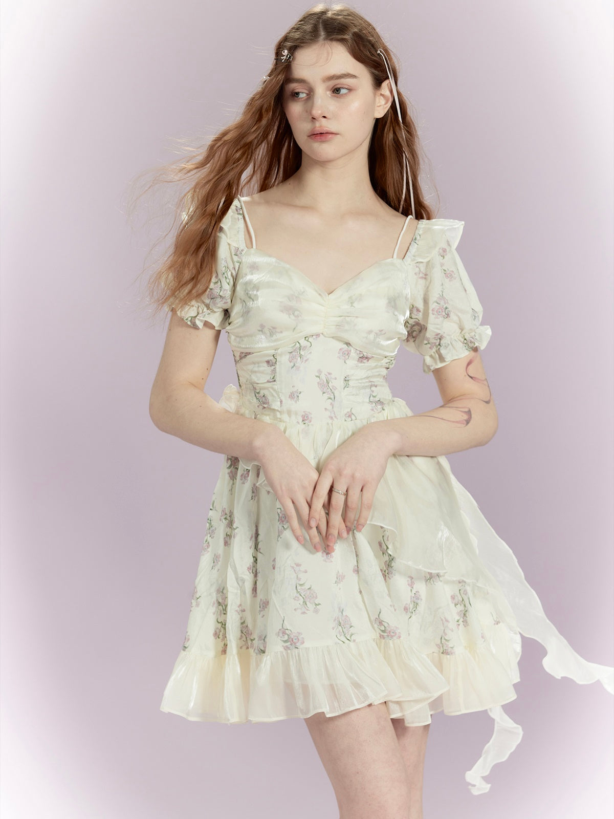 Floral Gloss Puff Sleeves Wrap Dress