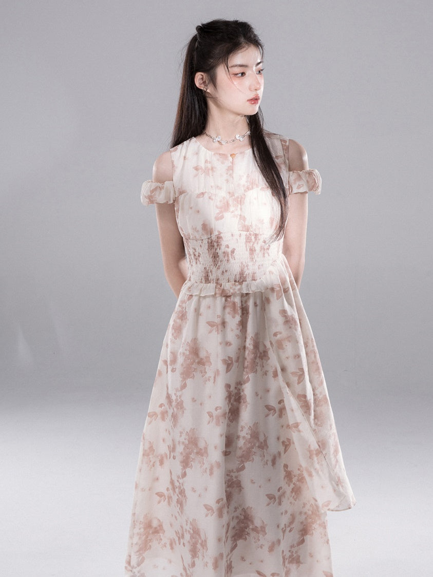 Rose Layered Print Waist Shape Dress