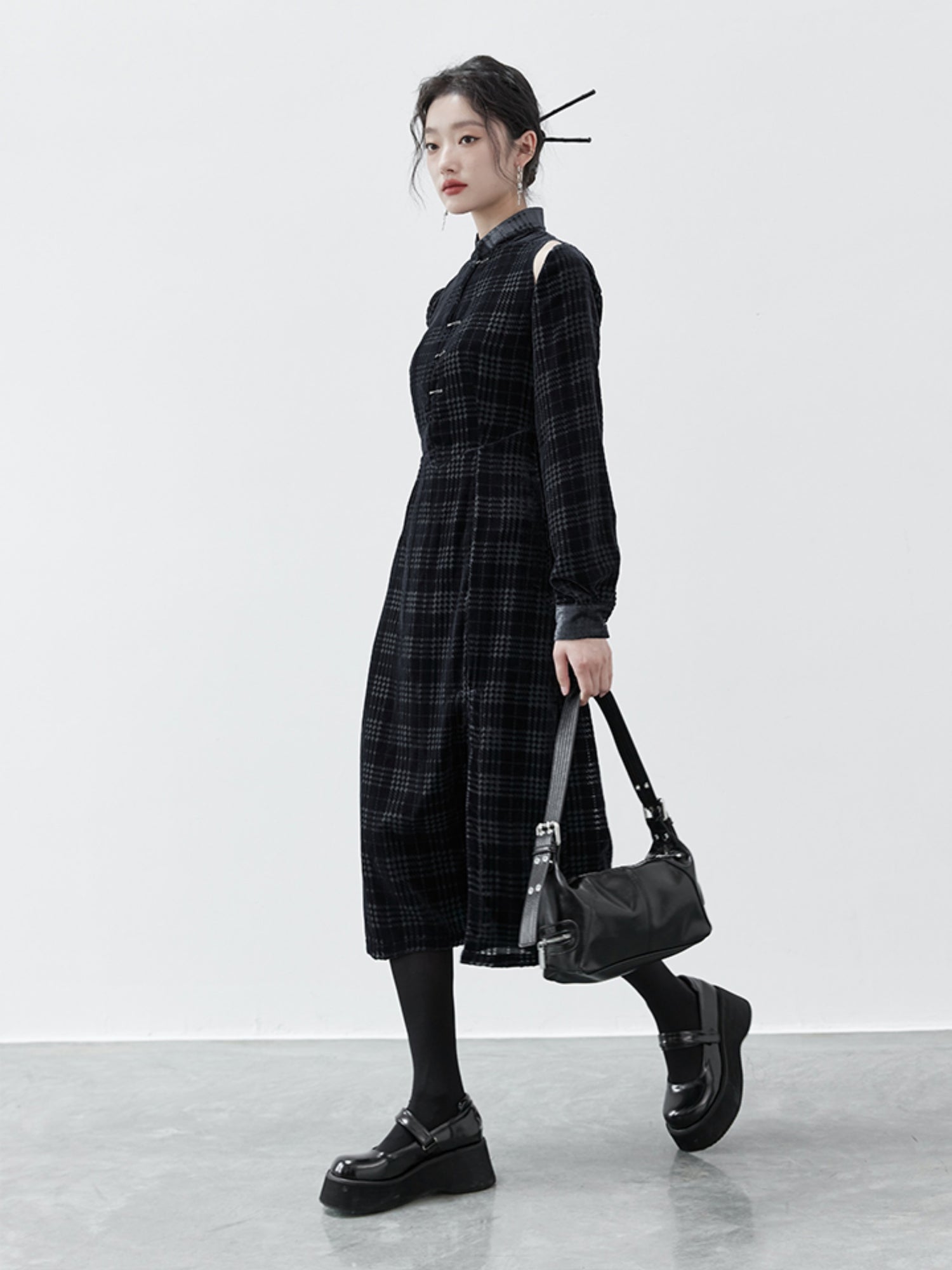 Chinese Style Houndstooth Velvet Stand Collar Dress