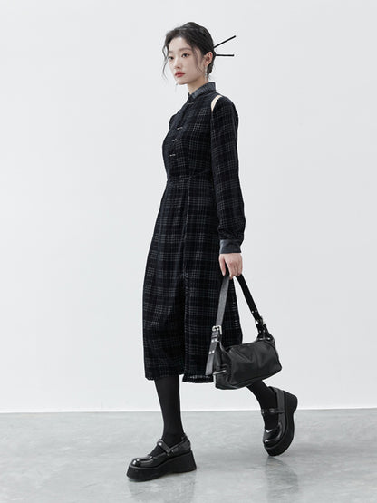 Chinese Style Houndstooth Velvet Stand Collar Dress