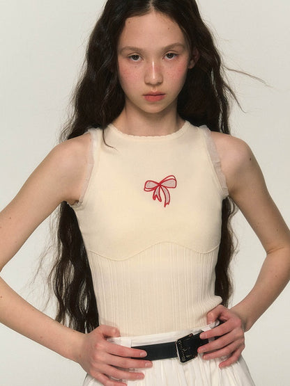 Hollow Bowknot Embroidery Tank Top